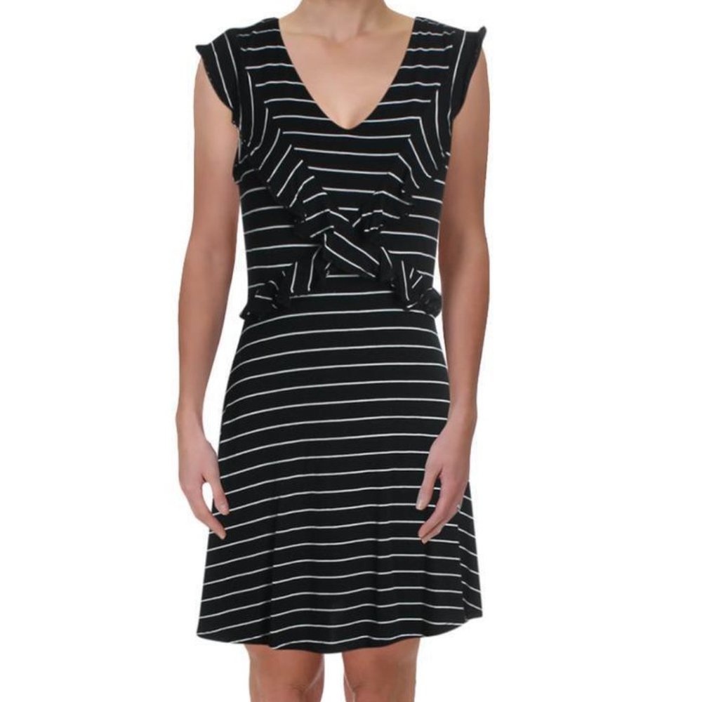 NWT American Rag Womens Black-Ivory Mini Striped Lace Trim Casual Dress M